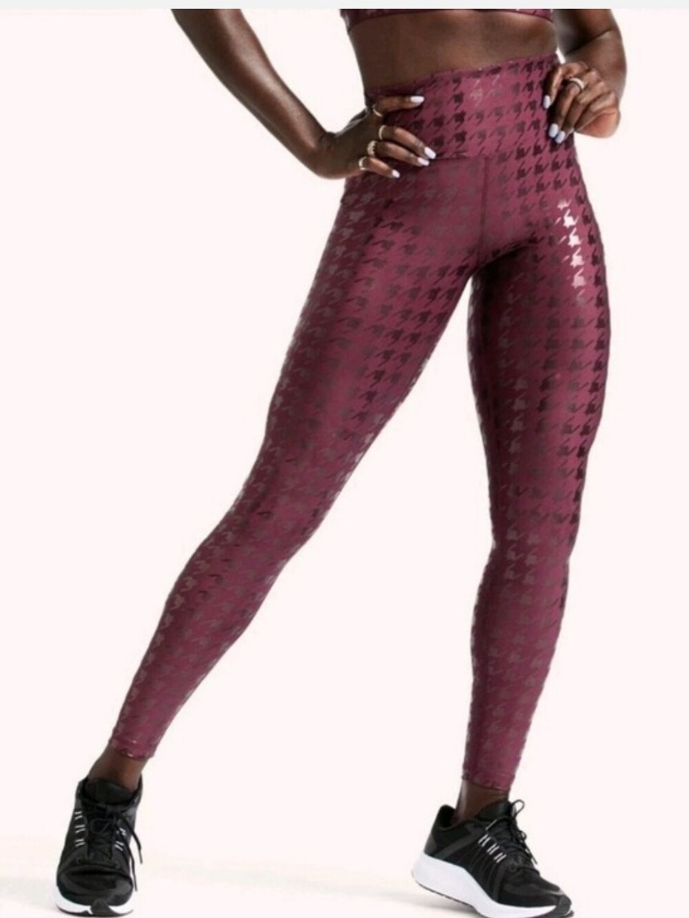 Peloton Show Up Houndstooth Leggings Burgundy Foil Print High Rise Size M NWT